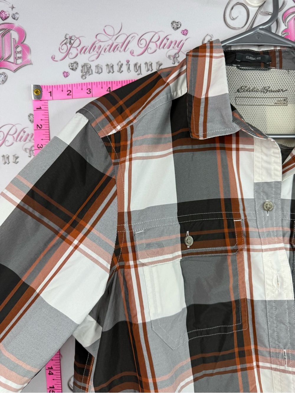 Eddie Bauer classic fit shirt top Plaid Button-Up Shirt in White, Gray & Brown - Picture 10 of 14